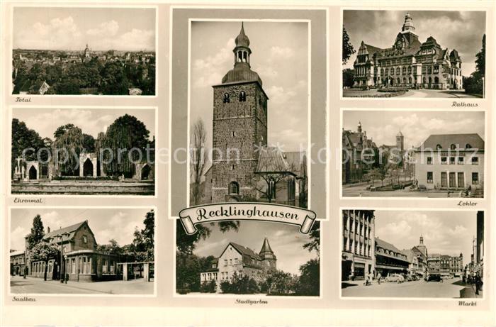 Recklinghausen Westfalen Totalansicht Ehrenmal Saalbau Stadtgarten Kirche Rathau