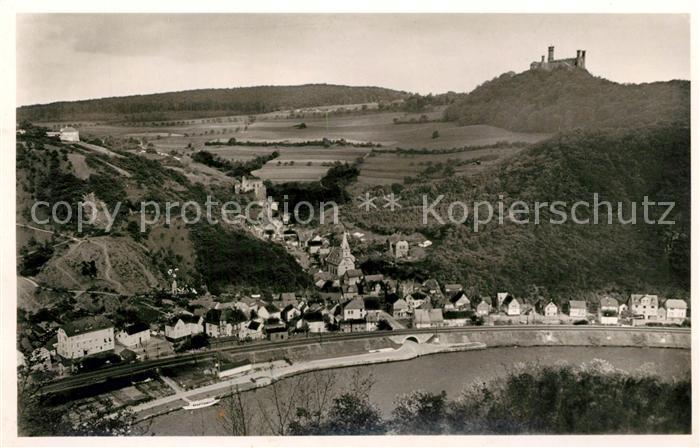 Balduinstein Panorama Blick ueber die Lahn Schloss Schaumburg