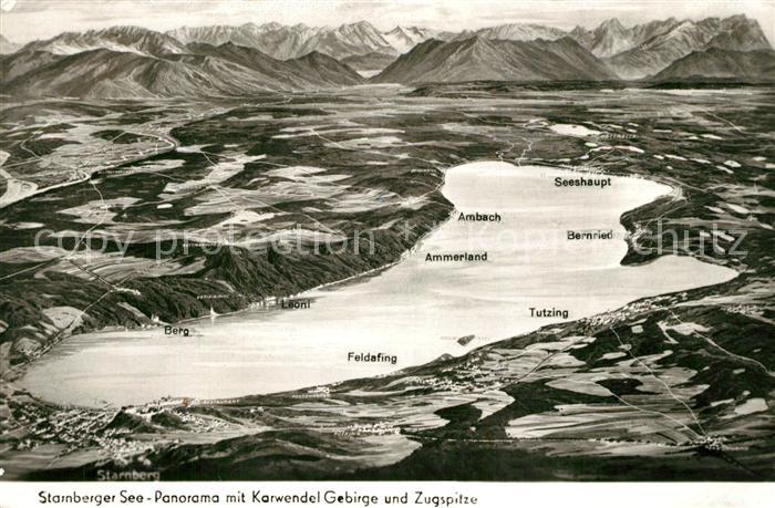 Starnbergersee Panorama mit Karwendelgebirge und Zugspitze aus der Vogelperspekt
