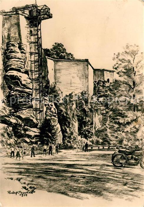 Koenigstein Saechsische Schweiz Fahrstuhl Parkplatz Zeichnung Kuenstlerkarte