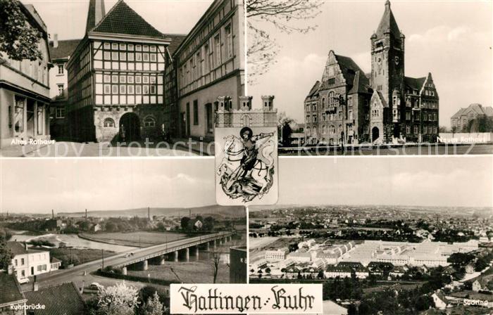 Hattingen Ruhr Altes und neues Rathaus Ruhrbruecke Panorama Suedring Wappen