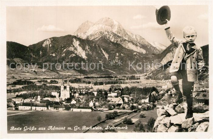 Admont Steiermark Panorama mit Grossem Buchstein Junge mit Hut Trachten