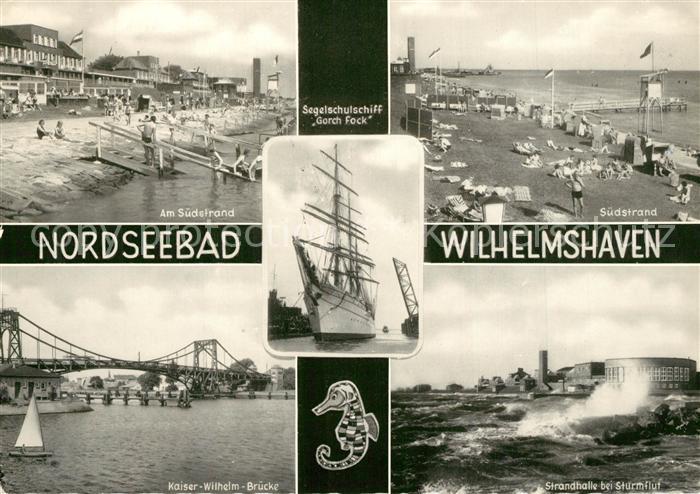 Wilhelmshaven Suedstrand Kaiser Wilhelm Bruecke Strandhalle Sturmflut Segelschif