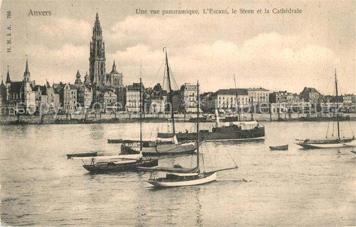 Anvers Antwerpen Panorama l'Escaut le Steen et la Cathedrale bateaux