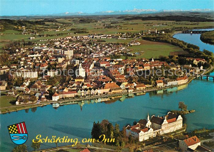 Schaerding Inn Fliegeraufnahme mit Kloster Neuhaus und Hoellengebirge
