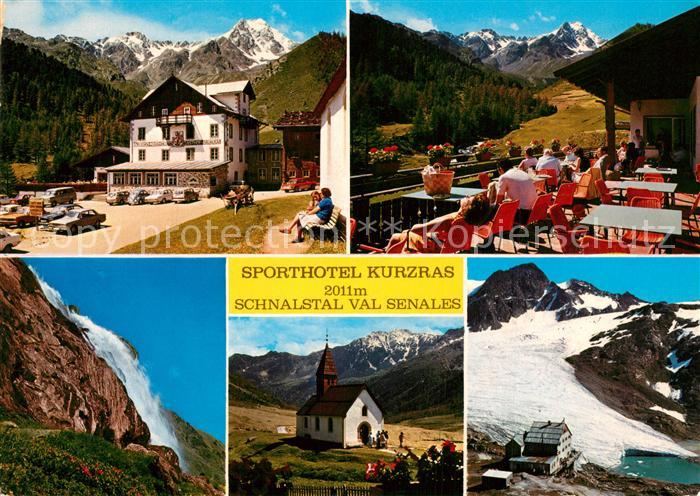 Schnalstal Sporthotel Kurzras Terrasse Wasserfall Kirche Gletscher