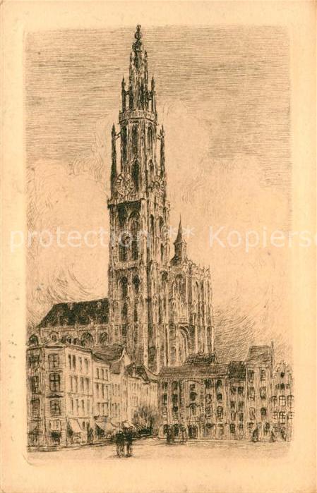 Anvers Antwerpen La Cathedrale Dessin Kuenstlerkarte