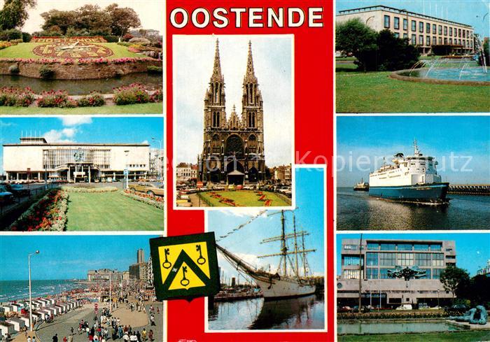Oostende Ostende Blumenuhr Strand Promenade Kirche Kursaal Fahrgastschiff