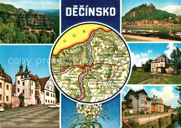 Decin Boehmen und Umgebung Felsen Landschaftspanorama Schloss Burg Haeuserpartie