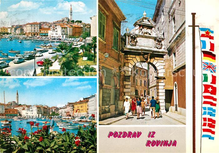 Rovinj Rovigno Istrien Hafen Uferstrasse Innenstadt Nationalflaggen