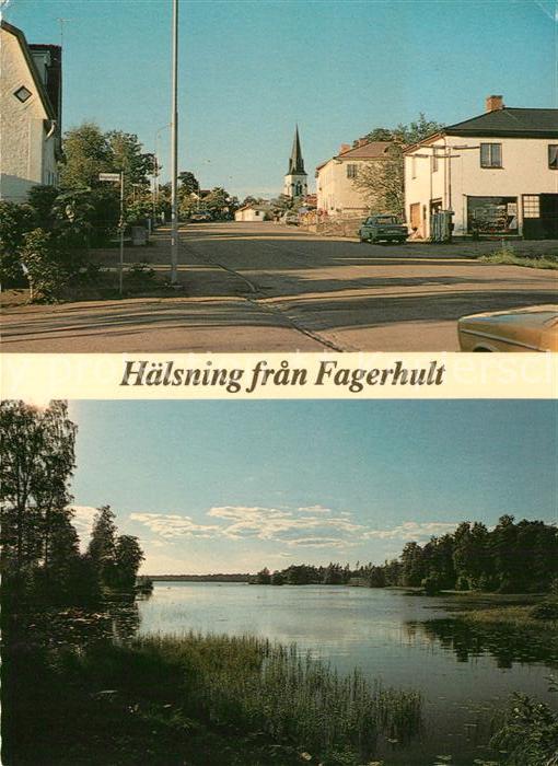 Fagerhult Hauptstrasse mit Blick zur Kirche Uferpartie am Wasser