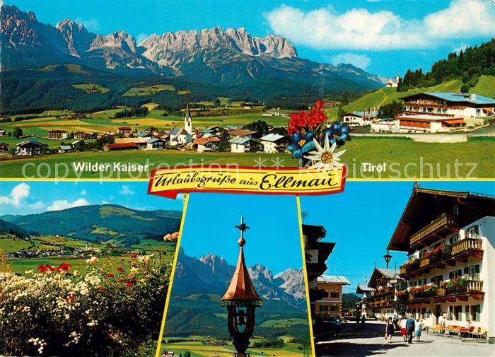 Ellmau Tirol Gesamtansicht mit Wilder Kaiser Kaisergebirge Ortsmotiv Hotel Glock