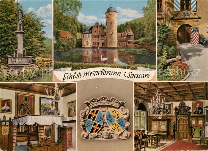 Mespelbrunn Schloss im Spessart Innenraeume Toreingang Brunnen Wappen