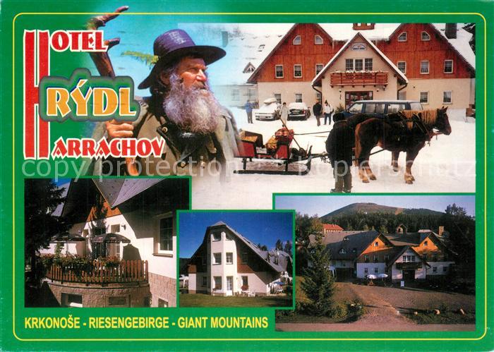 Krkonose Hotel Rydl Arrachov Pferdeschlitten Balkon Haeuser