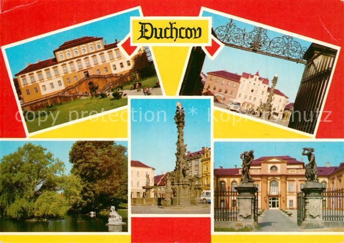 Duchcov Rathausplatz Pestsaeule Schloss Dux Park Teich