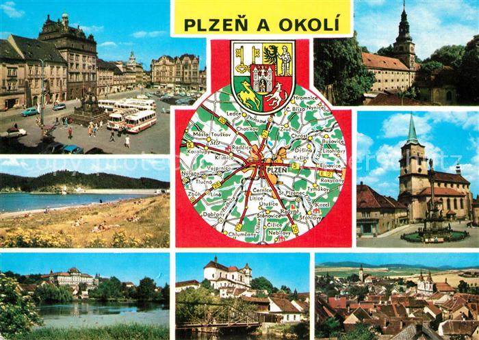 Plzen Pilsen a Okoli Innenstadt Kirche Schloss See Landkarte Wappen