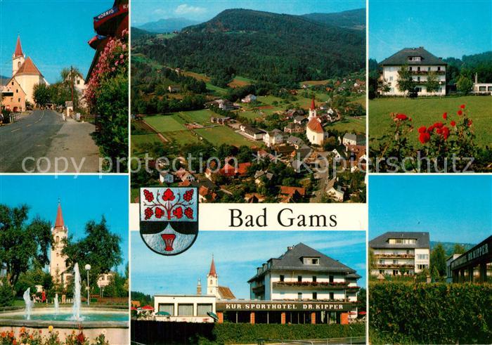 Bad Gams Teilansichten Kirche Springbrunnen Kurhotel Fliegeraufnahme
