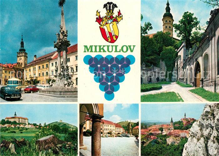Mikulov Nikolsburg Suedmaehren Altstadt Schloss Saeule Kirche Wappen