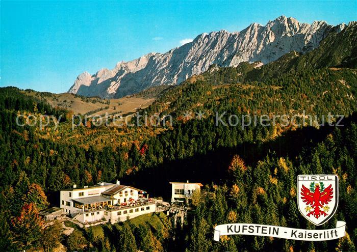 Kufstein Tirol Berghaus Aschenbrenner mit Kaisergebirge Wappen Fliegeraufnahme