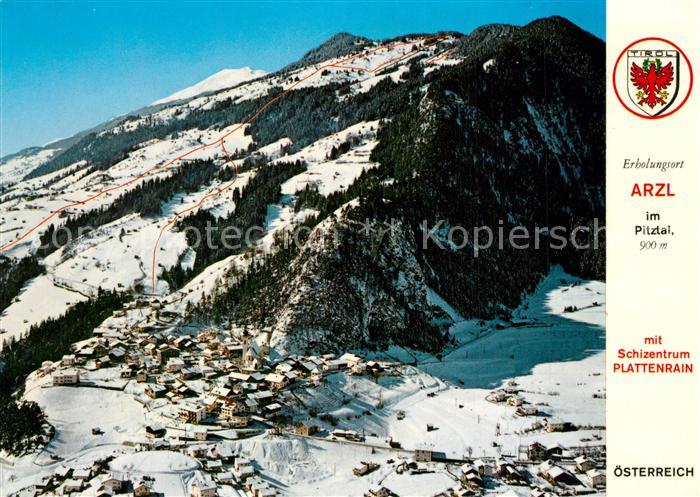 Arzl Pitztal mit Schizentrum Plattenrain oetztaler Alpen Fliegeraufnahme