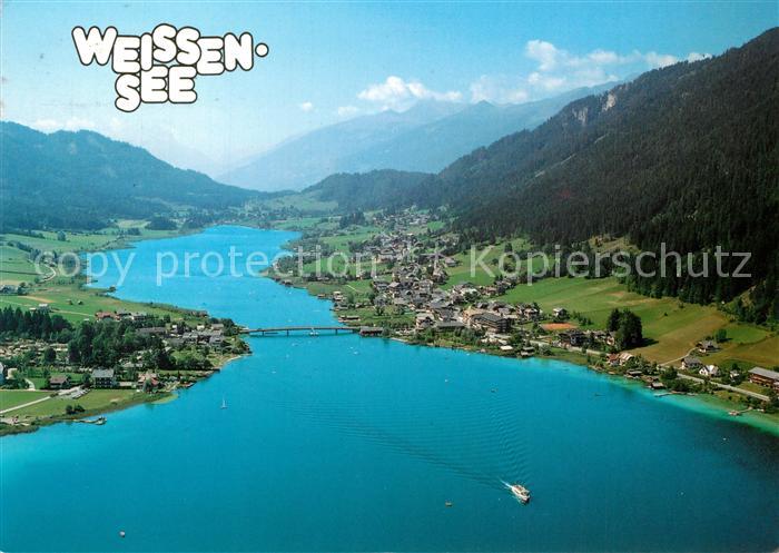 Weissensee Kaernten Hoechster Badesee der Alpen Fliegeraufnahme