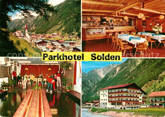 Soelden oetztal Parkhotel Restaurant Kegelbahn Ortsansicht mit Kirche Alpen