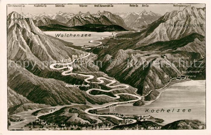 Kochel See Panoramakarte mit Walchensee