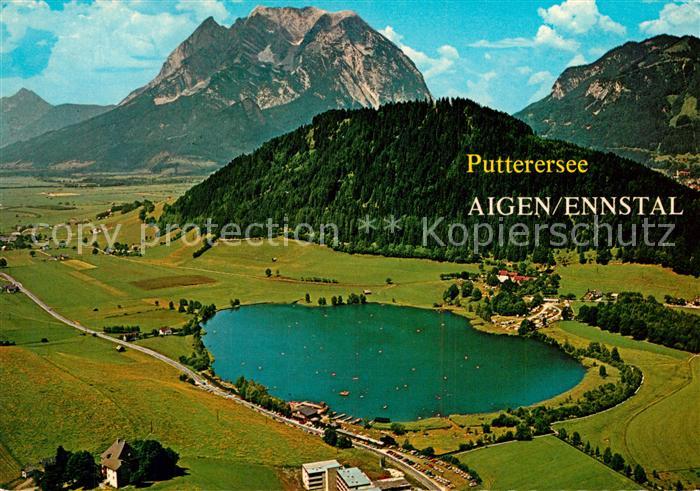 Aigen Ennstal Steiermark Putterersee mit Grimming Dachsteingebirge Fliegeraufnah