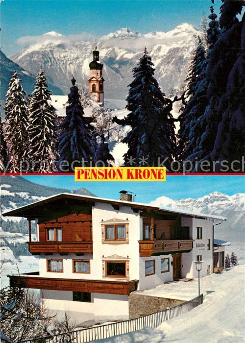 Fuegen Pension Krone Kirche Winterlandschaft Zillertaler Alpen