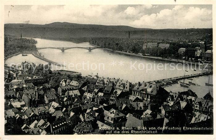 Koblenz Rhein Blick von der Festung Ehrenbreitstein drei Rheinbruecken