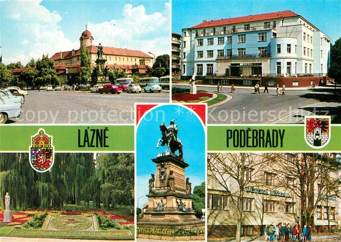 Podebrady Schloss Kurhaus Blumenuhr Statue Koenig Georgs Kinderheilanstalt