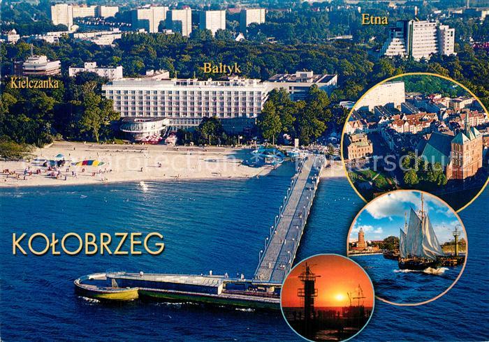 Kolobrzeg Polen Hotel Seebruecke Strand Fliegeraufnahme Segelboot Sonnenuntergan