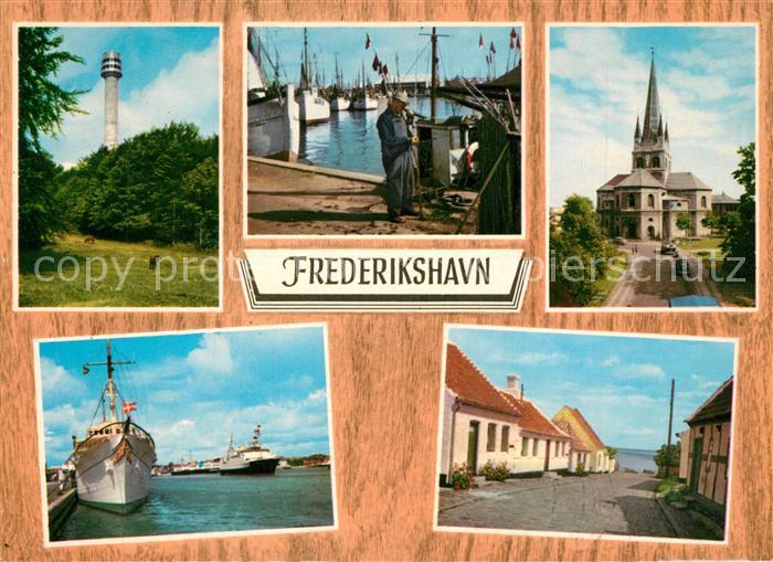 Frederikshavn Cloostaarnet Havneparti Kirken Dannebrog og Peder Wessel Fiskerkly