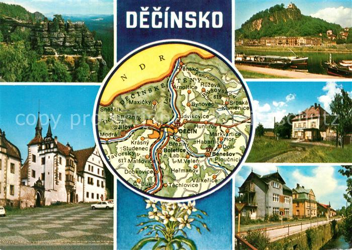 Decin Boehmen Teilansichten Elbe Landschaftspanorama Elbsandsteingebirge Landkar