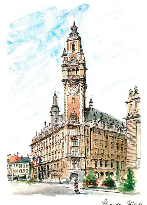Lille Nord Place du Theatre Aquarelle de Noel Pisano Kuenstlerkarte