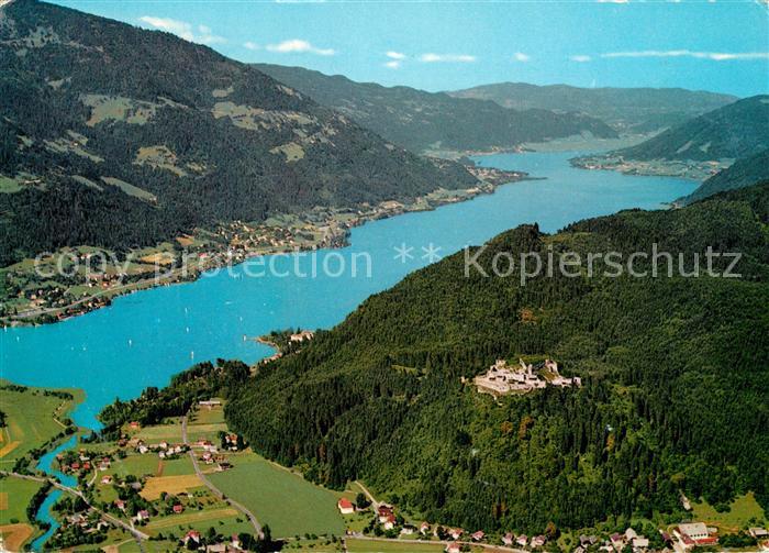 Ossiachersee mit Burgruine Landskron Fliegeraufnahme