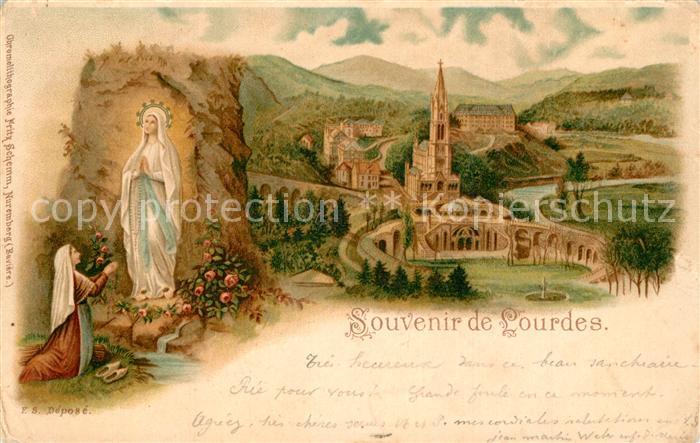 Lourdes Hautes Pyrenees La Grotte de Massabielle Statue Basilique Litho