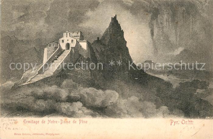 Cases-de-Pene Ermitage de Notre Dame de Pène Pyrénées Dessin Kuenstlerkarte