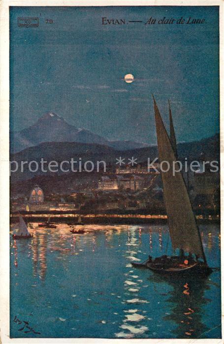 Evian-les-Bains Haute Savoie au clair de lune Lac Leman Dessin Kuenstlerkarte