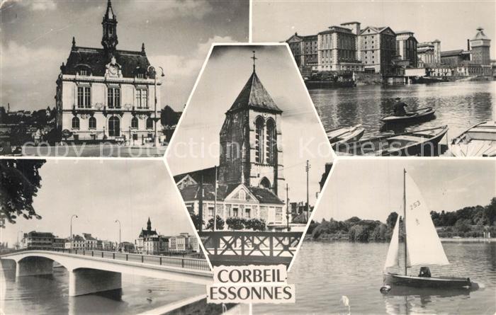 Corbeil-Essonnes La Mairie Moulins Eglise Pont Voilier sur la Seine