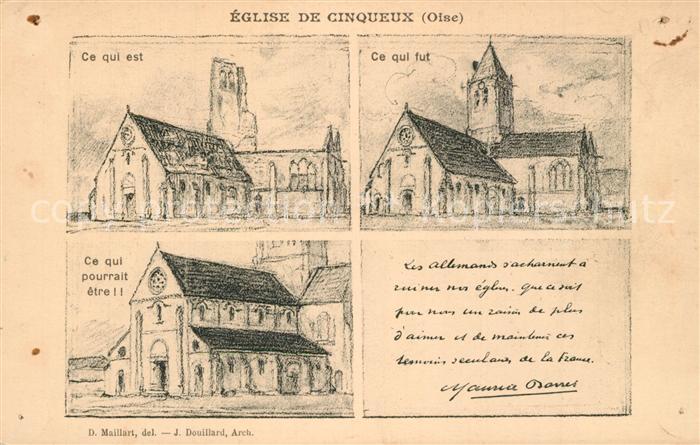 Cinqueux Différentes vues de l'Eglise Dessin Kuenstlerkarte