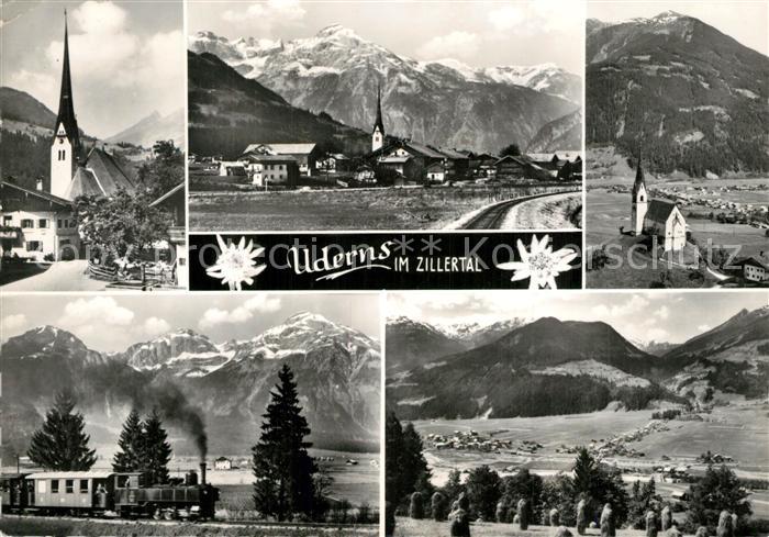 Uderns Ortsmotiv mit Kirche Eisenbahn Dampflokomotive Alpenpanorama