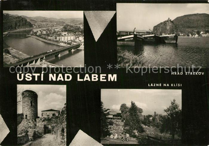 Usti nad Labem Panorama Elbetal Bruecke Binnenschiffahrt Turm Hrad Strekov Lazne