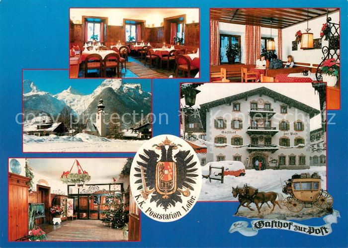 Lofer Hotel Gasthof zur Post Restaurant Ortsmotiv mit Kirche Alpen Postkutsche W