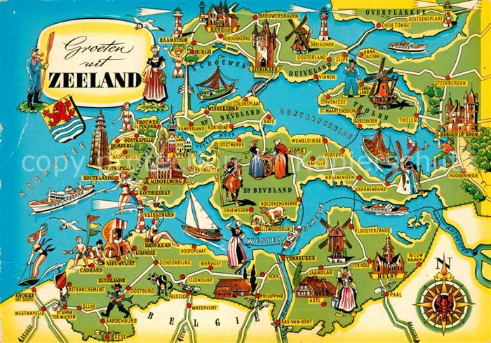 Zeeland Niederlande Landkarte der Region mit Sehenswuerdigkeiten