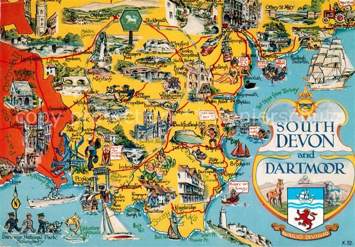 South Devon and Dartmoor Landkarte mit Sehenswuerdigkeiten