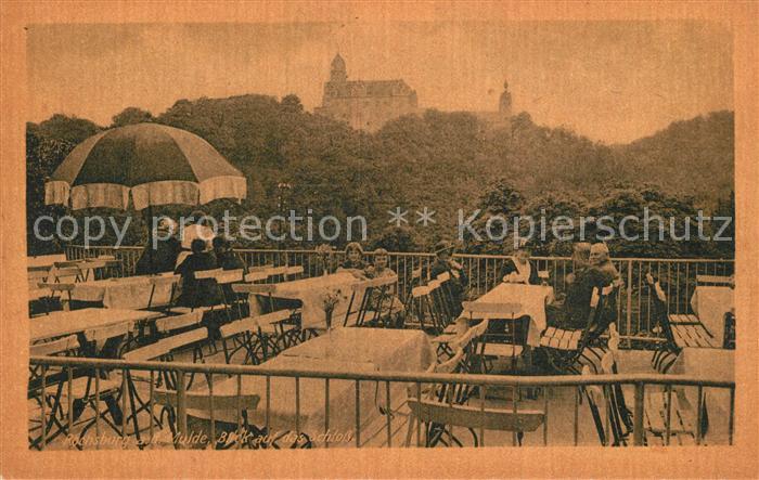 Rochsburg Restaurant Terrasse Blick auf das Schloss