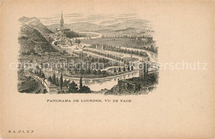Lourdes Hautes Pyrenees Panorama vu de face Litho