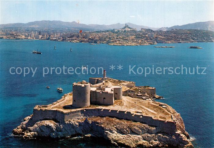 Marseille Bouches-du-Rhone Vue aerienne du Chateau d’If et Basilique Notre Dame