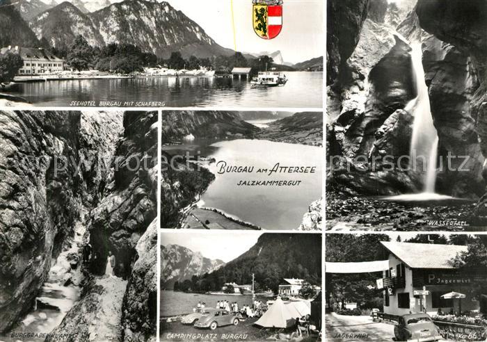 Burgau Attersee Salzkammergut Seehotel mit Schafberg Burggrabenklamm Wasserfall